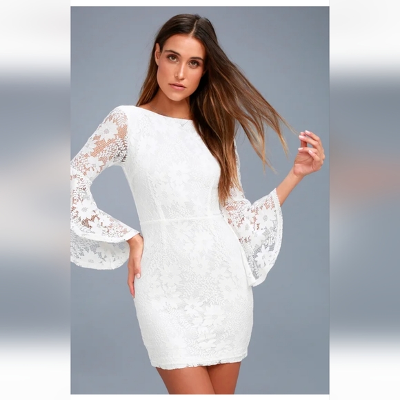 Lulus White Lace Bell Sleeve Dress Size Small - Picture 2 of 4